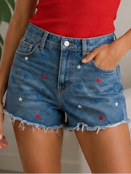None Pants - Red, White & Blue Stars Denim Jean Cut Off Shorts Juniors
